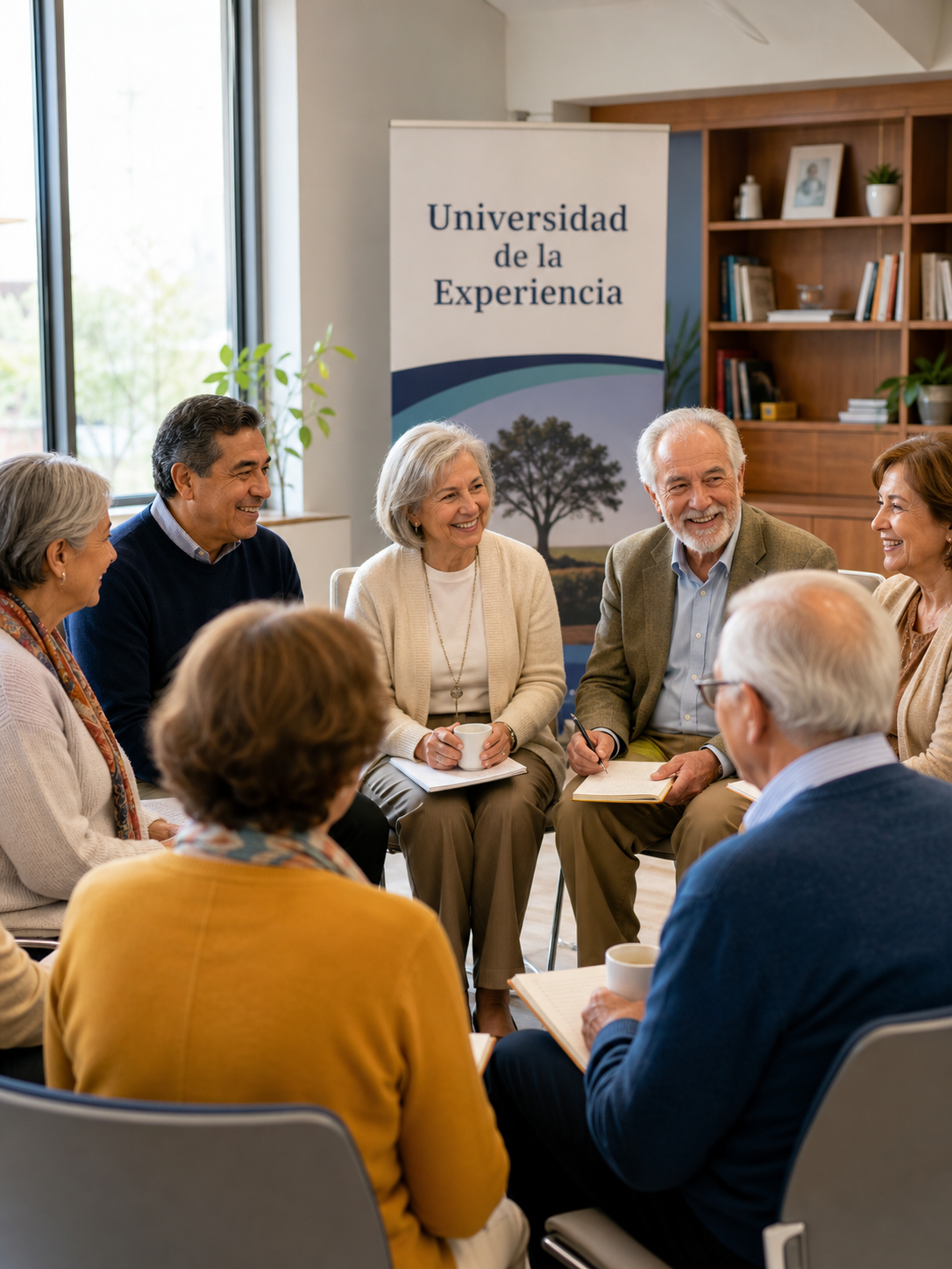 Un grupo de personas mayores conversando alrededor de una mesa con tazas de té, frente a un afiche que dice La Universidad de la Experiencia.